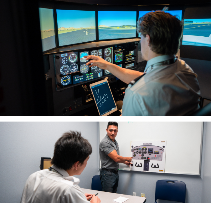 Student being taught how to use the instrument panel in RedBird flight simulator