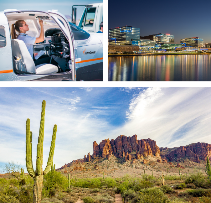 Female Pilot in AeroGuard Plane, Buildings and Mountains in Chandler, AZ