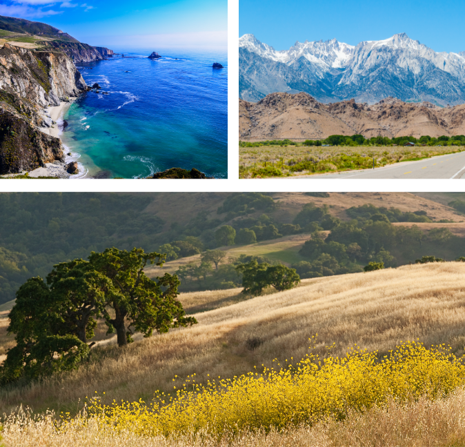 Snow-capped Mountains, the Pacific Ocean and Rolling Hills near Riverside, CA