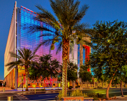 Chandler, AZ building at night with palm trees