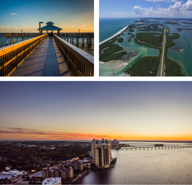 Aerial View of Beach, Dock on the Beach and Skyline near Fort Myers, FL