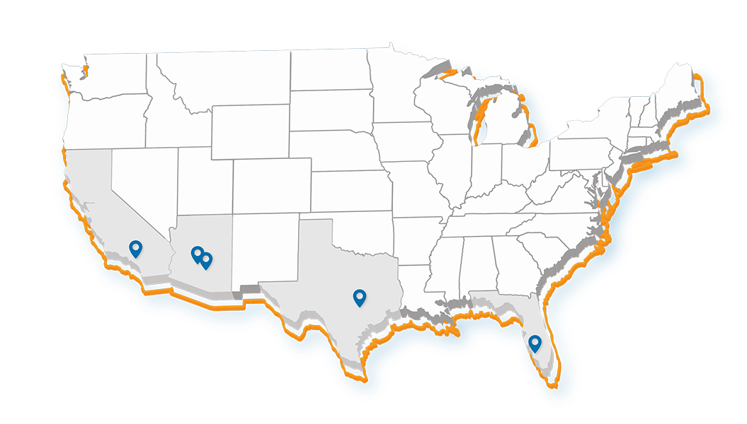 outline of united states with map markers for flight school locations