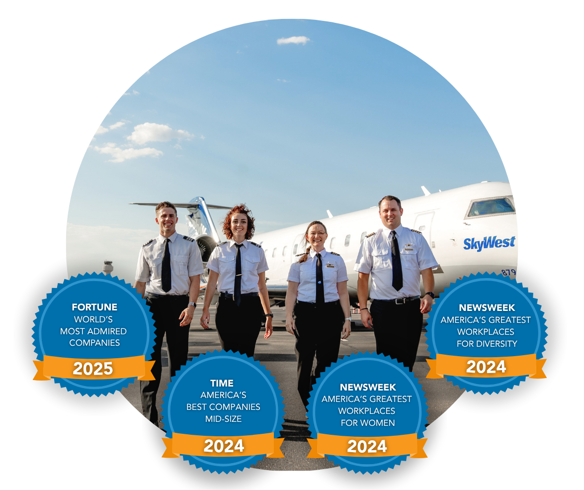 SkyWest Cadets and Pilots with SkyWest plane in the background