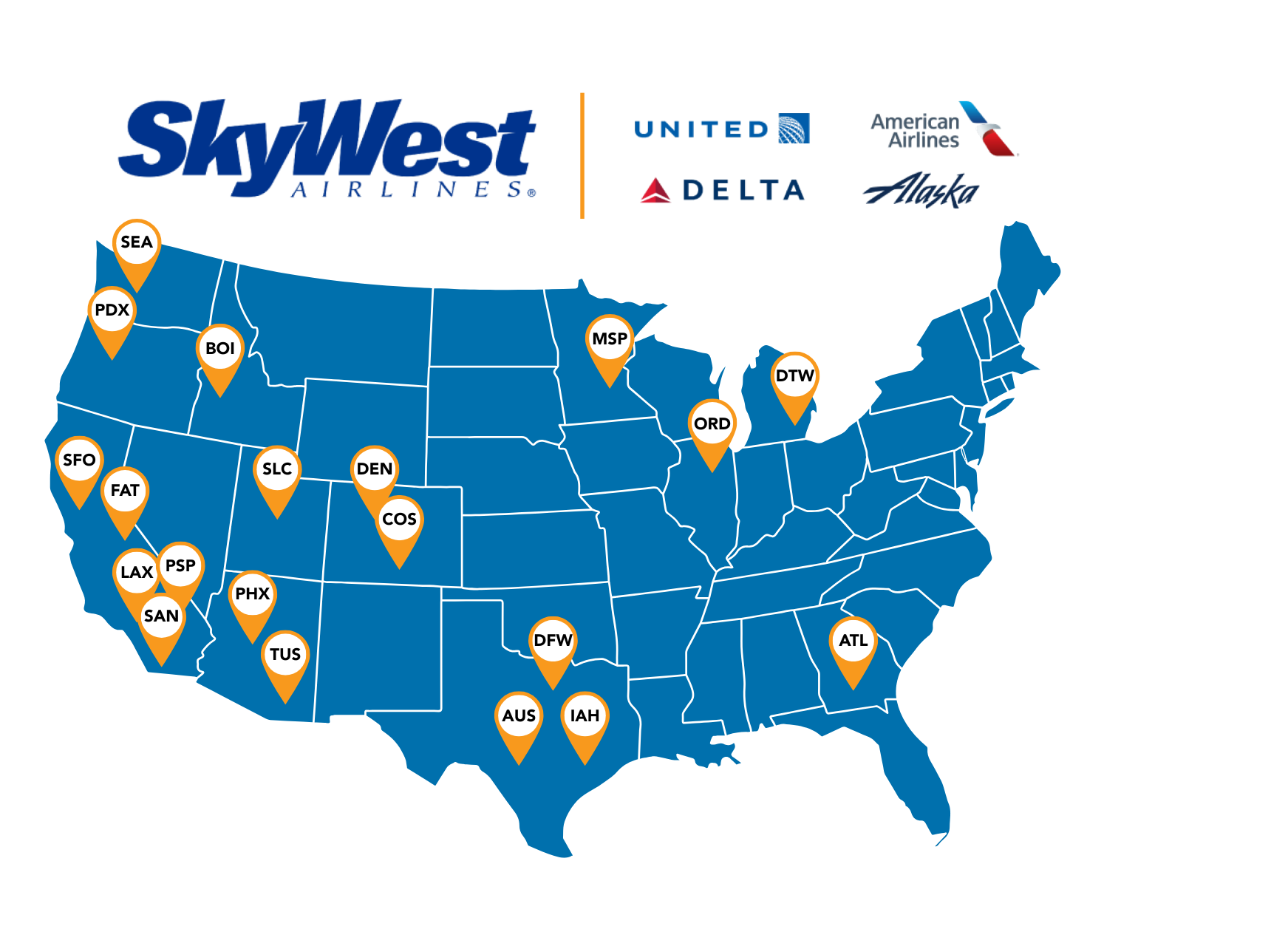 Map of the U.S. showing SkyWest's 20 domiciles